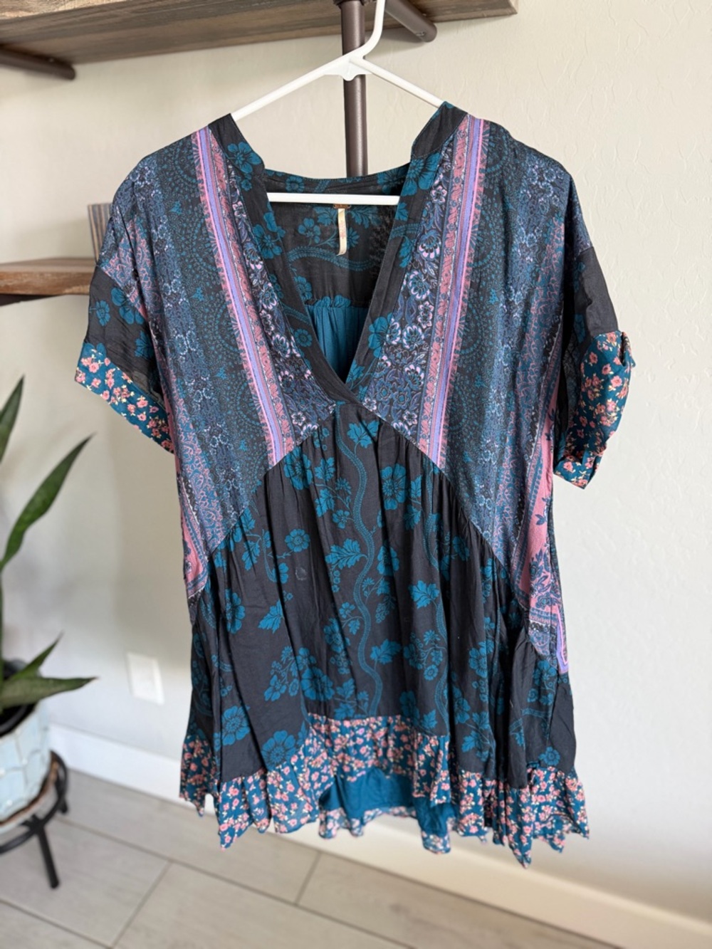 Free People Black Teal & Pink Boho Tunic Mini Dress
